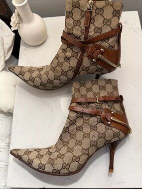 Gucci Beige and Brown GG Canvas Ankle Boots with Leather Straps
